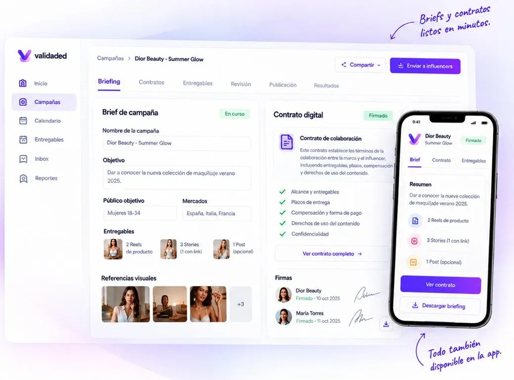 Brief de campaña con objetivo, público, mercados y entregables junto a un contrato digital firmado, también en la app móvil.