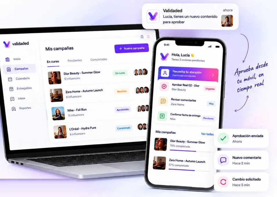 Panel de Validaded en portátil y móvil con la lista de campañas y notificaciones de aprobaciones, comentarios y cambios.