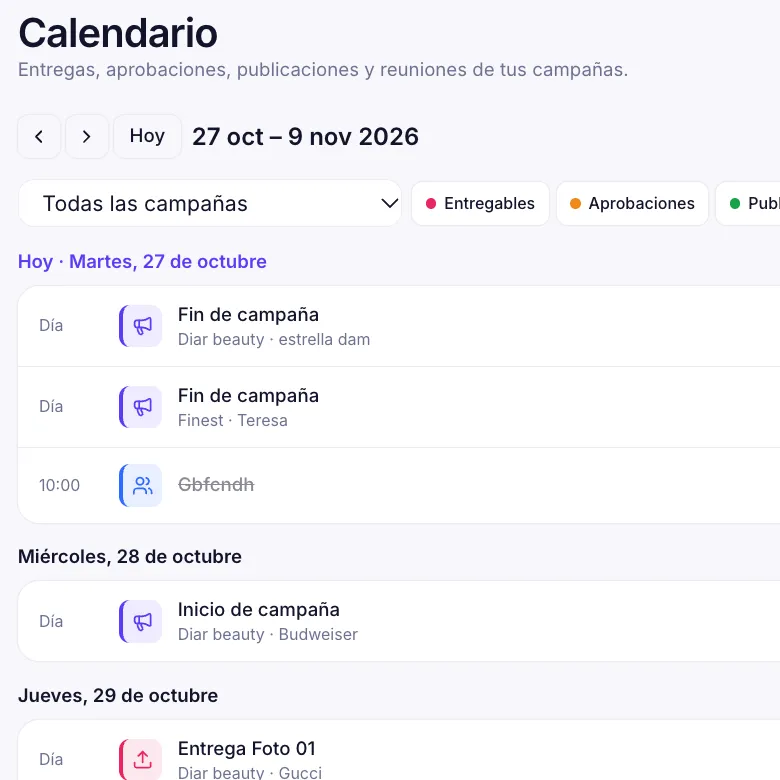 Agenda del calendario con entregas